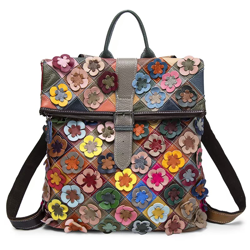 Leather Backpack Vintage - Vintage Damen Echtleder-Rucksack mit Blumenmuster, Echtes